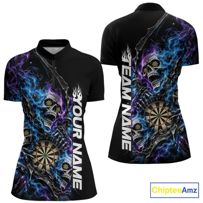 Custom Blue And Purple Flame Skull Dart Team Women Quarter-Zip Shirt, Halloween Outfit IPHW12608