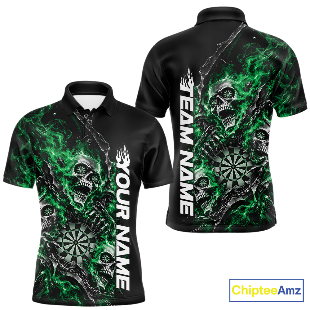 Custom Green Flame Skull Dart Team Men Polo Shirt, Dart Halloween Outfit IPHW12609