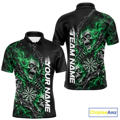 Custom Green Flame Skull Dart Team Men Polo Shirt, Dart Halloween Outfit IPHW12609