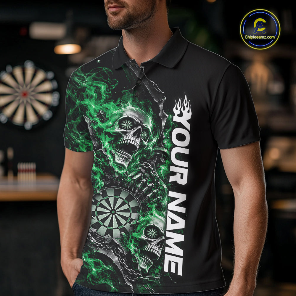 Custom Green Flame Skull Dart Team Men Polo Shirt, Dart Halloween Outfit IPHW12609