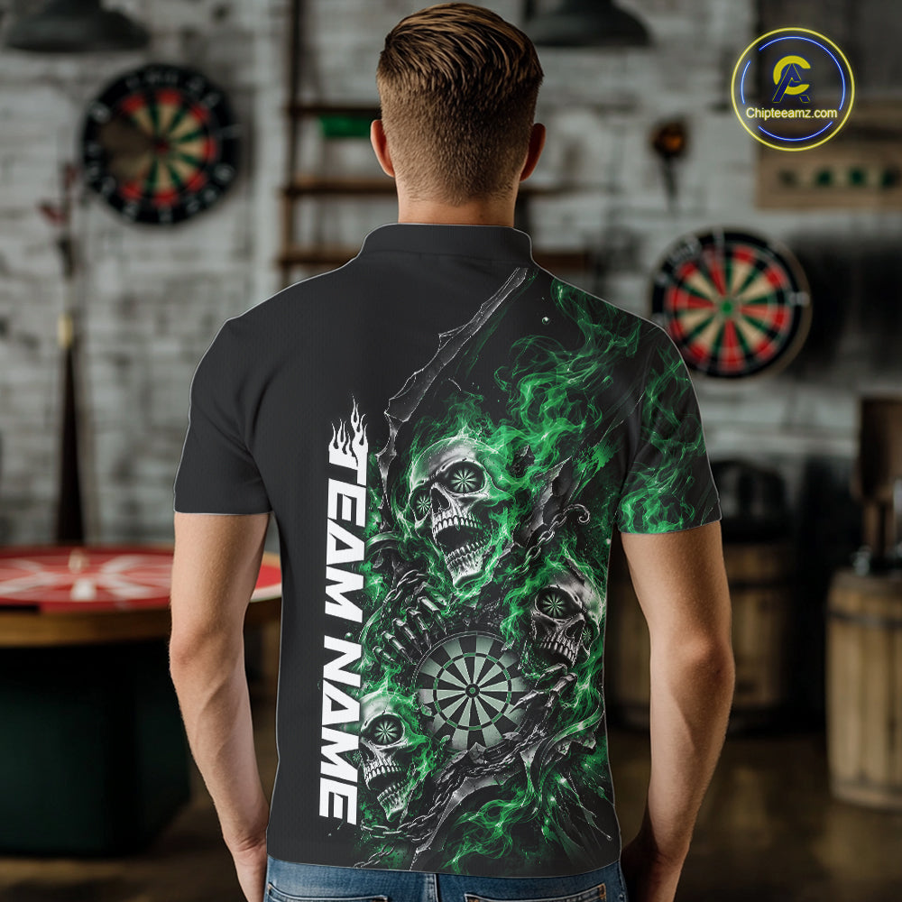 Custom Green Flame Skull Dart Team Men Polo Shirt, Dart Halloween Outfit IPHW12609