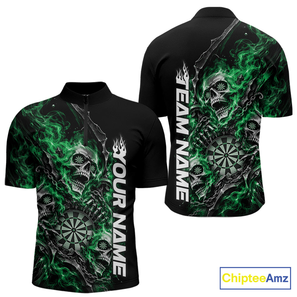 Custom Green Flame Skull Dart Team Men Quarter Zip Shirt, Dart Halloween Outfit IPHW12609