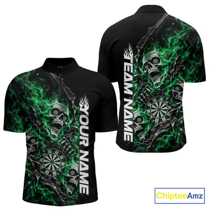 Custom Green Flame Skull Dart Team Men Quarter Zip Shirt, Dart Halloween Outfit IPHW12609