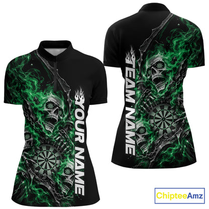 Custom Green Flame Skull Dart Team Women Quarter-Zip Shirt, Dart Halloween Outfit IPHW12609