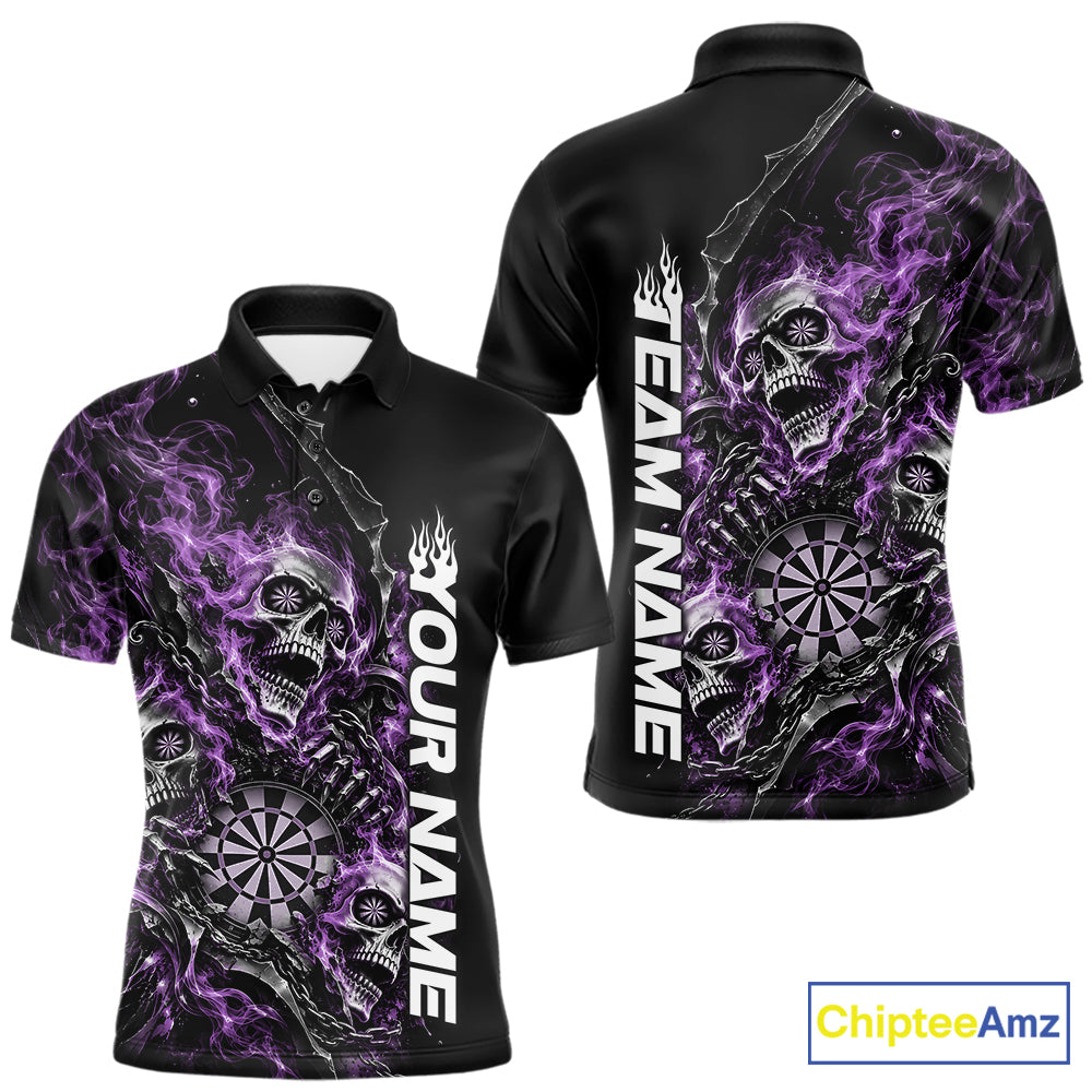 Custom Purple Flame Skull Dart Team Men Polo Shirt, Dart Halloween Outfit IPHW12610