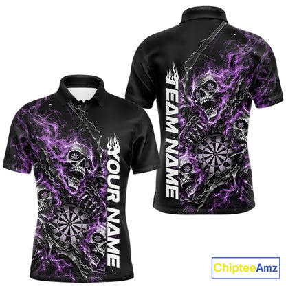Custom Purple Flame Skull Dart Team Men Polo Shirt, Dart Halloween Outfit IPHW12610