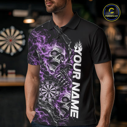 Custom Purple Flame Skull Dart Team Men Polo Shirt, Dart Halloween Outfit IPHW12610