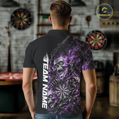Custom Purple Flame Skull Dart Team Men Polo Shirt, Dart Halloween Outfit IPHW12610