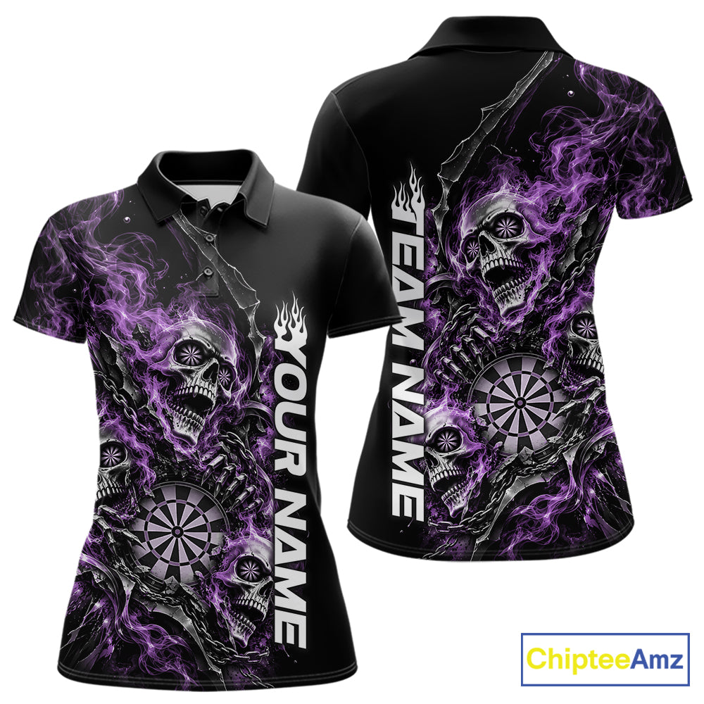 Custom Purple Flame Skull Dart Team Women Polo Shirt, Dart Halloween Outfit IPHW12610