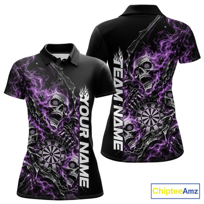 Custom Purple Flame Skull Dart Team Women Polo Shirt, Dart Halloween Outfit IPHW12610