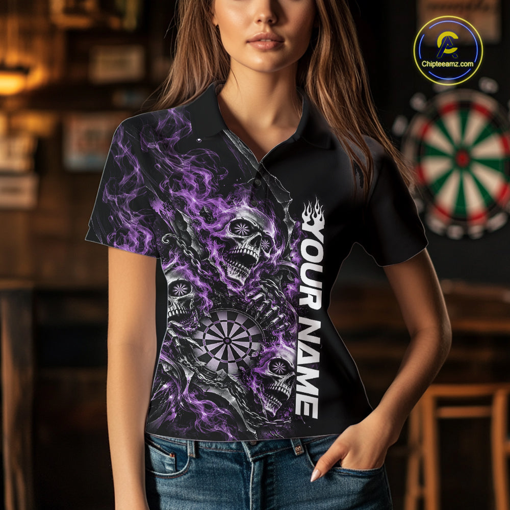 Custom Purple Flame Skull Dart Team Women Polo Shirt, Dart Halloween Outfit IPHW12610