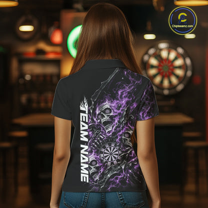 Custom Purple Flame Skull Dart Team Women Polo Shirt, Dart Halloween Outfit IPHW12610