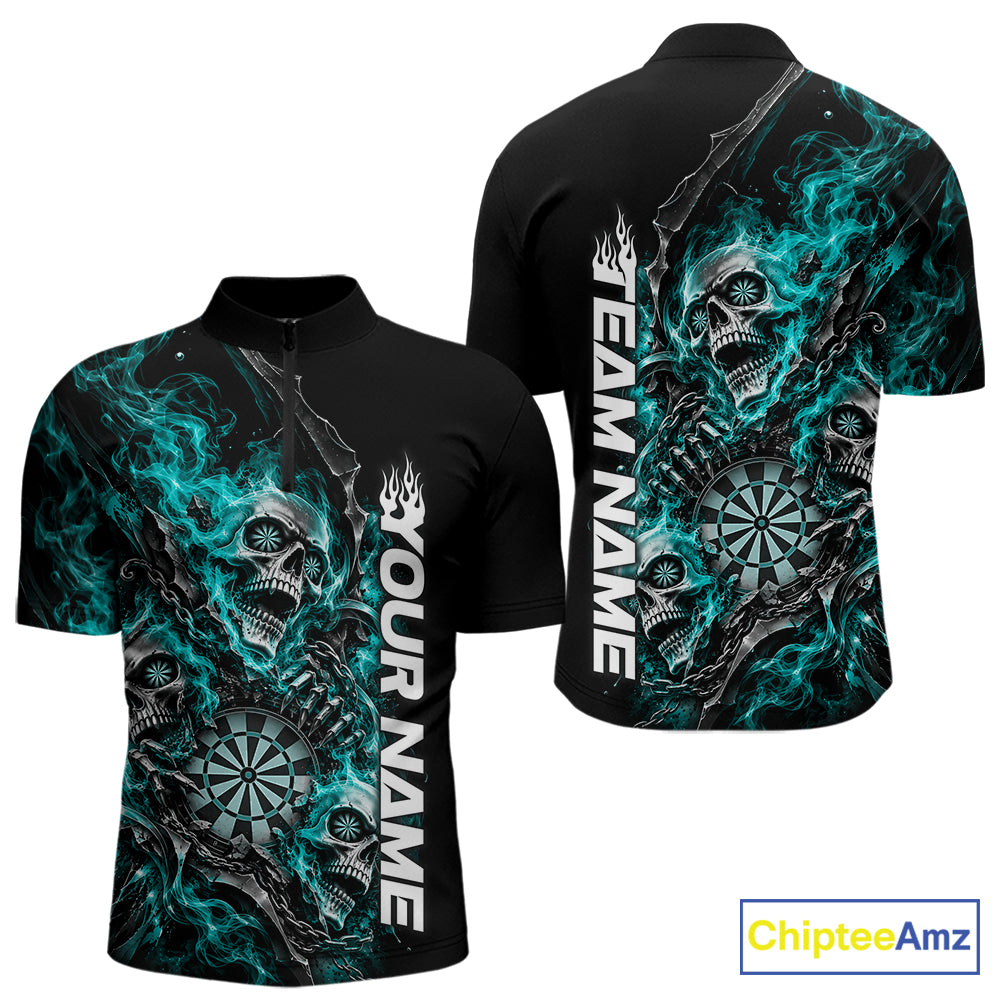 Custom Turquoise Flame Skull Dart Team Men Quarter Zip Shirt, Dart Halloween Outfit IPHW12611
