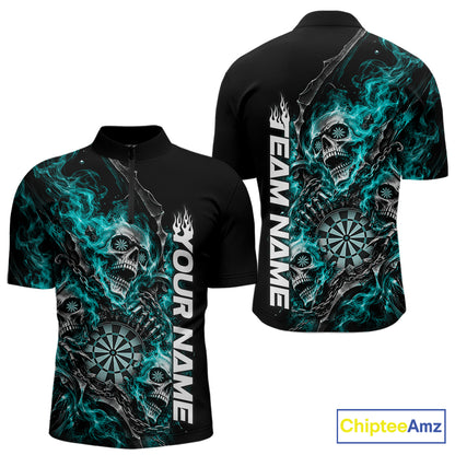 Custom Turquoise Flame Skull Dart Team Men Quarter Zip Shirt, Dart Halloween Outfit IPHW12611