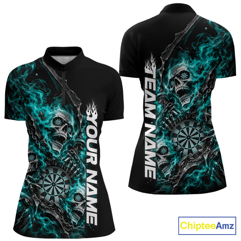 Custom Turquoise Flame Skull Dart Team Women Quarter-Zip Shirt, Dart Halloween Outfit IPHW12611