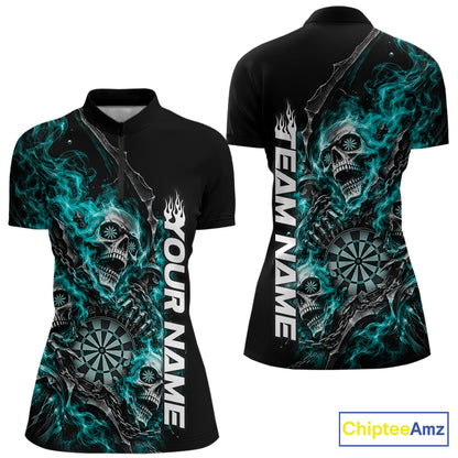 Custom Turquoise Flame Skull Dart Team Women Quarter-Zip Shirt, Dart Halloween Outfit IPHW12611