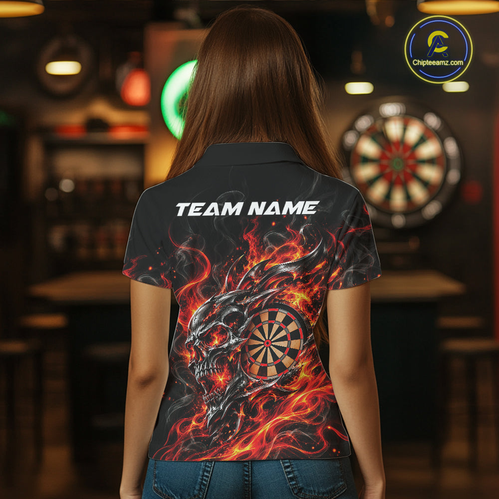 Custom Red Orange Flame Skull Dart Jersey, Halloween Dart Team Women Polo Shirt IPHW12617