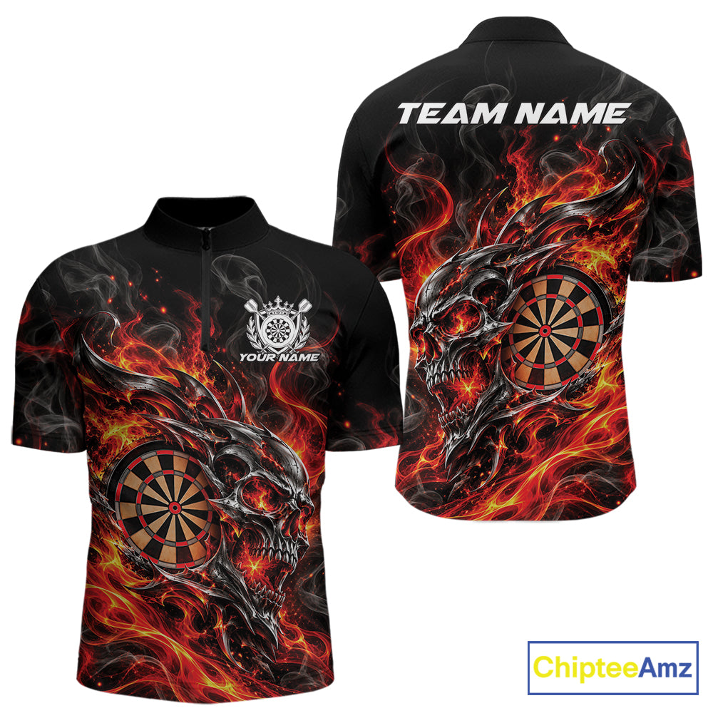 Custom Red Orange Flame Skull Dart Jersey, Halloween Dart Team Men Quarter Zip Shirt IPHW12617