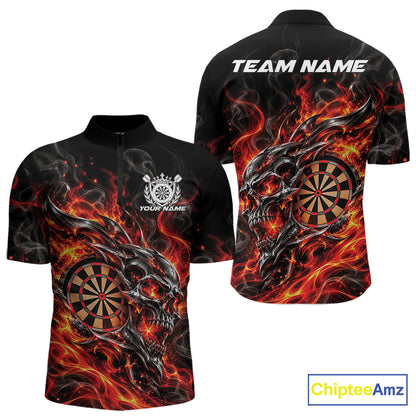 Custom Red Orange Flame Skull Dart Jersey, Halloween Dart Team Men Quarter Zip Shirt IPHW12617