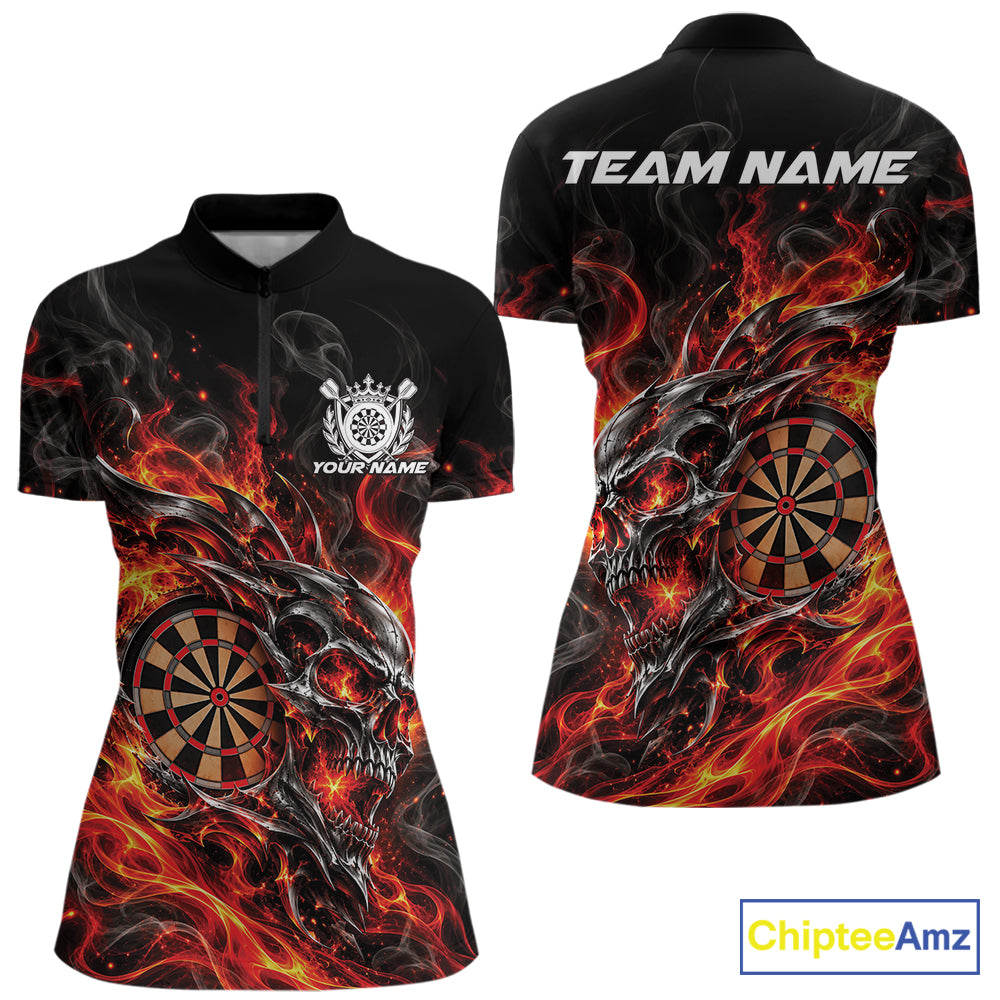 Custom Red Orange Flame Skull Dart Jersey, Halloween Dart Team Women Quarter-Zip Shirt IPHW12617