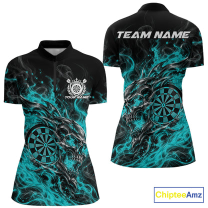 Custom Teal Blue Flame Skull Dart Jersey, Halloween Dart Team Women Quarter-Zip Shirt IPHW12618