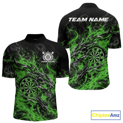 Custom Green Flame Skull Dart Jersey, Halloween Dart Team Men Quarter Zip Shirt IPHW12619