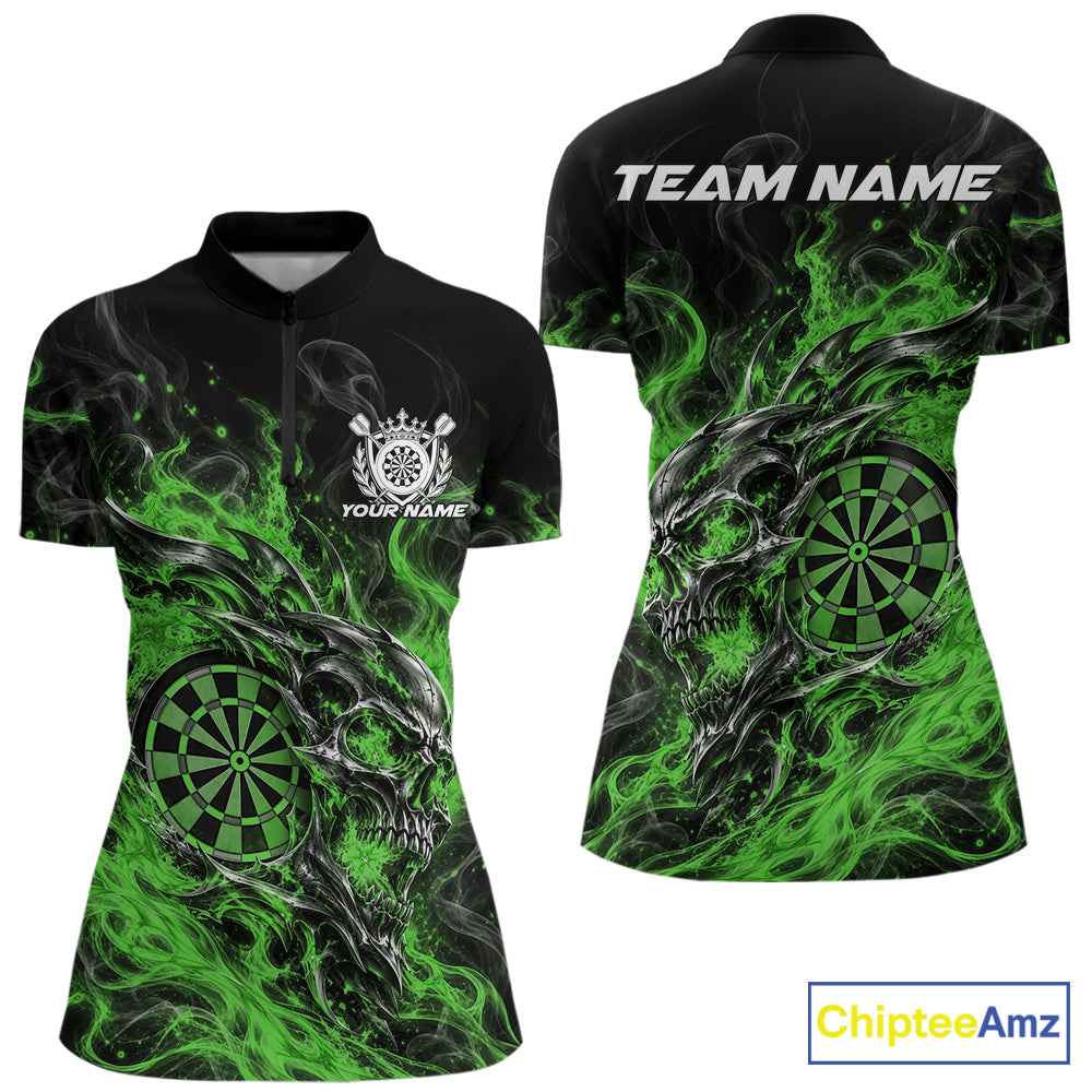Custom Green Flame Skull Dart Jersey, Halloween Dart Team Women Quarter-Zip Shirt IPHW12619