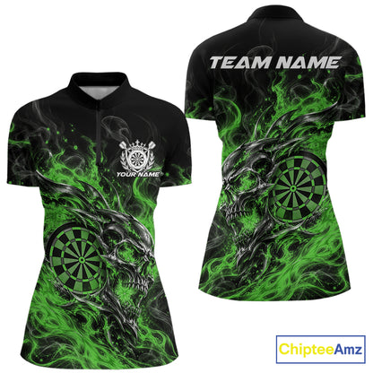 Custom Green Flame Skull Dart Jersey, Halloween Dart Team Women Quarter-Zip Shirt IPHW12619