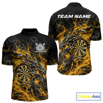 Custom Yellow Flame Skull Dart Jersey, Halloween Dart Team Men Quarter Zip Shirt IPHW12620