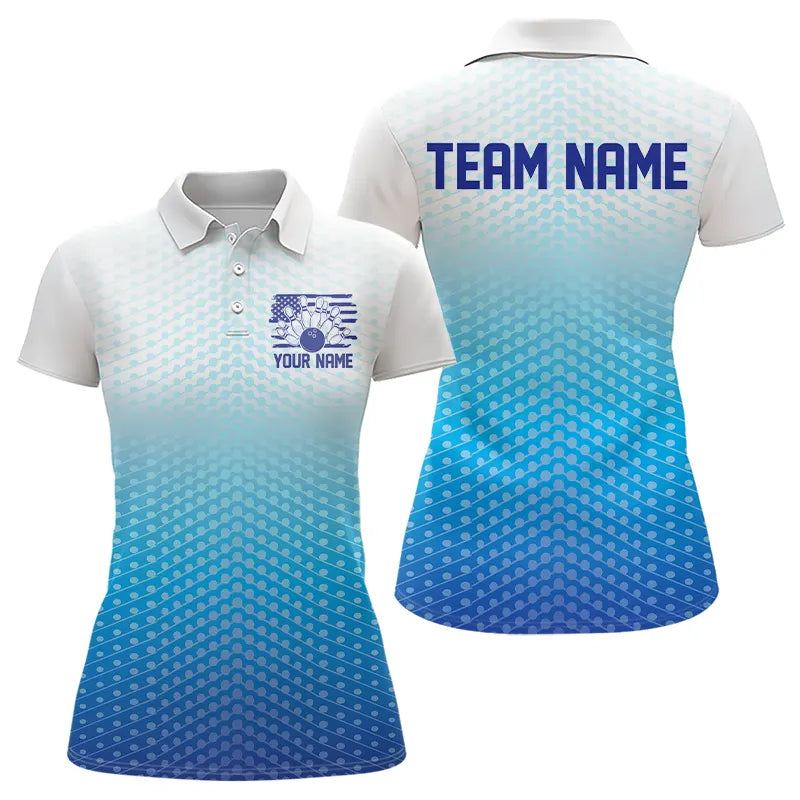 Custom Blue US Bowling Polo Shirts For Women, Bowling Team Shirts, Bowling Jeyseys With Name IPHW8142