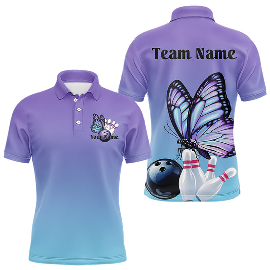 Purple and blue polo shirt with butterfly design and customizable text on a white background