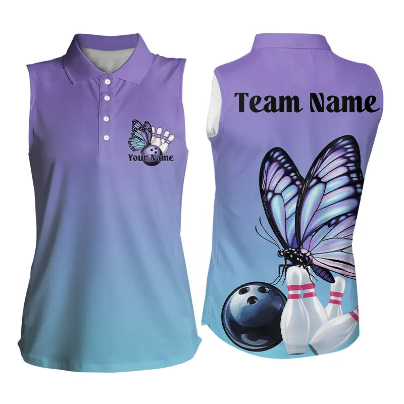 Custom Blue And Purple Gradient Butterfly Bowling Polo Shirts For Men, Bowling Team Shirt IPHW8146
