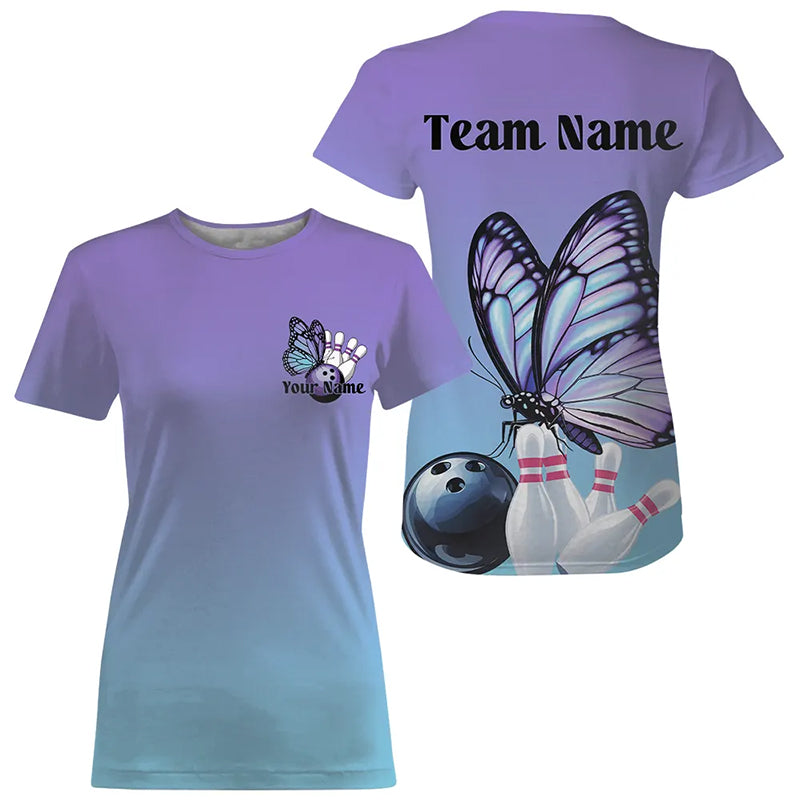 Custom Blue And Purple Gradient Butterfly Ladies Bowling, Women Bowling Team IPHW8146