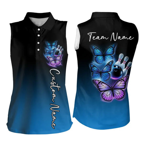 Custom Blue And Purple Butterfly Bowling Polo Shirts For Men, Bowling Team Shirt IPHW8148