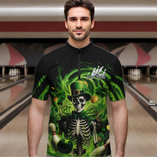 Load image into Gallery viewer, Custom Green St Patricks Day Skull Bowling Quarter-Zip Shirts For Men, Shamrock Bowling Shirt IPHW8376