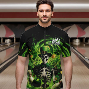 Custom Green St Patricks Day Skull Bowling Quarter-Zip Shirts For Men, Shamrock Bowling Shirt IPHW8376