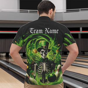 Custom Green St Patricks Day Skull Bowling Quarter-Zip Shirts For Men, Shamrock Bowling Shirt IPHW8376