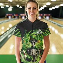 Load image into Gallery viewer, Custom Green St Patricks Day Skull Womens Bowling Quarter-Zip Shirt, Shamrock Bowling Shirt IPHW8376