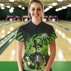 Custom Green St Patricks Day Skull Womens Bowling Quarter-Zip Shirt, Shamrock Bowling Shirt IPHW8376