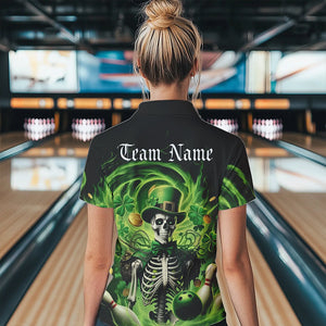 Custom Green St Patricks Day Skull Womens Bowling Quarter-Zip Shirt, Shamrock Bowling Shirt IPHW8376