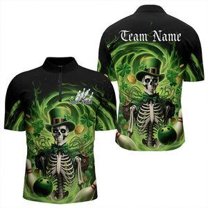 Custom Green St Patricks Day Skull Bowling Quarter-Zip Shirts For Men, Shamrock Bowling Shirt IPHW8376