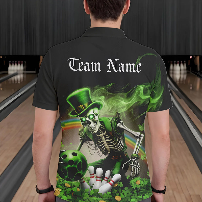 Custom Green Flame Skull Saint Patrick Day Bowling Polo Shirts For Men, Shamrock Bowling IPHW8379