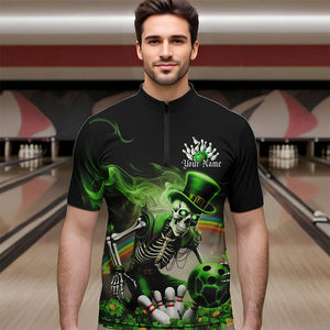 Custom Green Flame Skull Saint Patrick Day Bowling Quarter-Zip Shirts For Men, Shamrock Bowling IPHW8379