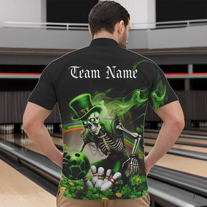 Custom Green Flame Skull Saint Patrick Day Bowling Quarter-Zip Shirts For Men, Shamrock Bowling IPHW8379