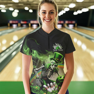 Custom Green Skull Saint Patrick Day Womens Bowling Quarter-Zip Shirt, Shamrock Bowling IPHW8379