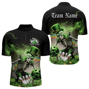 Custom Green Flame Skull Saint Patrick Day Bowling Quarter-Zip Shirts For Men, Shamrock Bowling IPHW8379