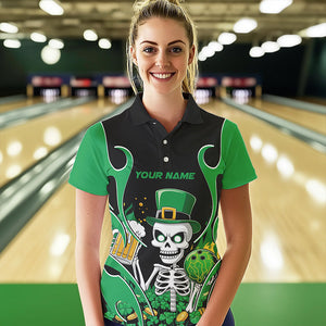 Custom Green St Patricks Day Funny Skull Drink Beer Bowling Polo Shirts For Women IPHW8381