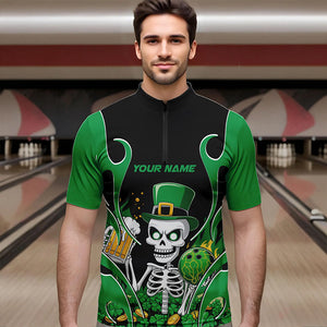 Custom Green St Patricks Day Funny Skull Drink Beer Bowling Quarter-Zip Shirts For Men IPHW8381