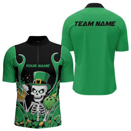 Custom Green St Patricks Day Funny Skull Drink Beer Bowling Quarter-Zip Shirts For Men IPHW8381