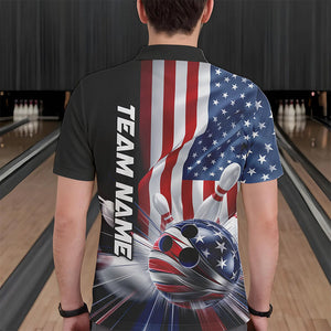 Custom US Flag Bowling League Shirts, Patriotic Bowling Team Polo Shirts For Men IPHW8384